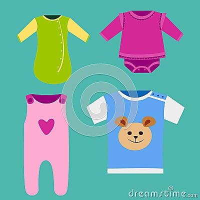 Vector baby clothes icon set design textile casual fabric colorful dress child garment wear illustration. Vector Illustration