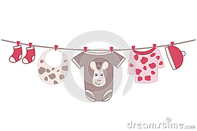 Vector Baby Girl Clothes. Baby Girl Shower Vector Illustration. Vector Illustration