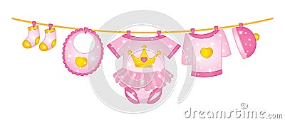 Vector Baby Girl Clothes Hanging on Line Vector Illustration