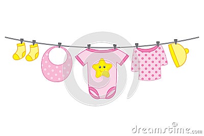 Vector Baby Girl Clothes Hanging on Line Vector Illustration