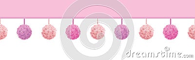 Vector Baby Girl Pink Decorative Pompoms With Ropes Horizontal Seamless Repeat Border Pattern. Great for nursery room Vector Illustration