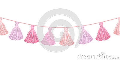 Vector Baby Girl Pink Hanging Decorative Tassels With Ropes Horizontal Seamless Repeat Border Pattern. Great for Vector Illustration
