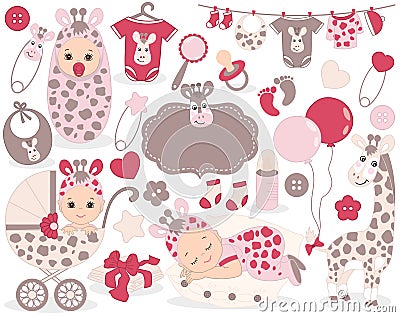 Vector Baby Girl Set with Giraffe Pattern. Vector Baby Girl. Vector Illustration