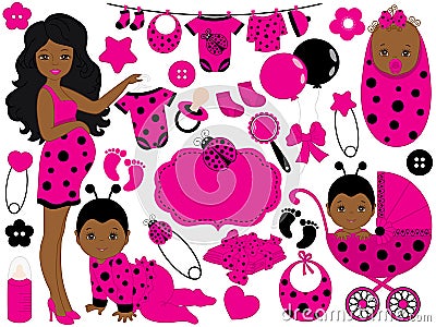 Vector Baby Girl Set with Ladybug Pattern. Vector African American Baby Girl. Vector Illustration