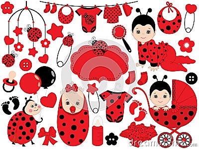 Vector Baby Girl Set with Ladybug Pattern. Vector Baby Girl. Vector Baby Shower. Vector Illustration