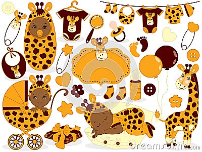 Vector Baby Set with Giraffe Pattern. Vector Baby Shower. Vector Illustration