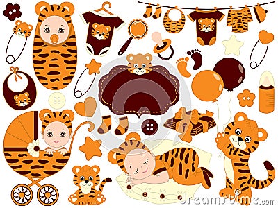 Vector Baby Set with Tiger Pattern. Vector Baby Shower. Vector Illustration