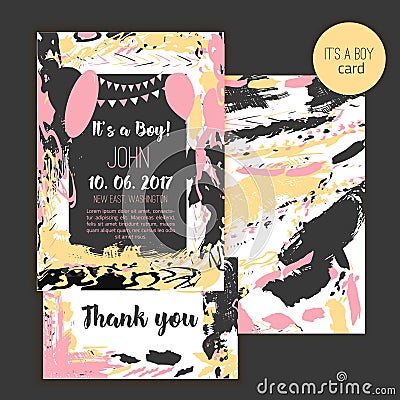 Vector baby shower brush card set. Its a boy. Lettering Baby shower design. Vector Illustration