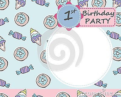 Vector baby 1-th Birthday party greeting card. Candies, donuts, Vector Illustration