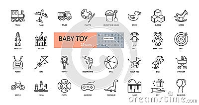 Vector baby toy icons. Editable Stroke. Cars, dolls, robots. Princess castle, teddy bear horse duck. Toys for children of Vector Illustration