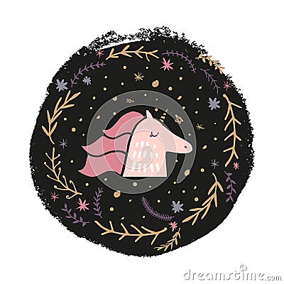 Vector baby unicorn face art with patterned frame Cartoon Illustration