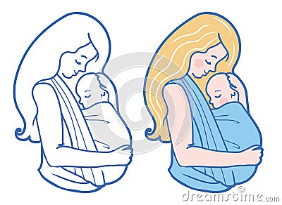 Vector Babywearing Illustration With Mother Hugging Baby In a Sling. Vector Illustration