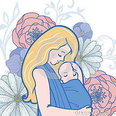 Vector Babywearing Illustration With Mother Hugging Baby In a Sling. Vector Illustration