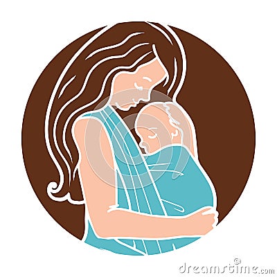 Vector Babywearing Round Logo With Mother Hugging Baby In a Sling. Simple lineart style. Vector Illustration