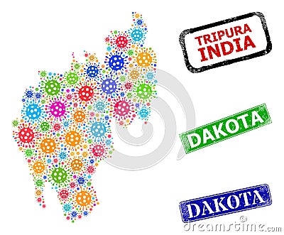 Scratched Dakota Stamps and Colorful Virus Tripura State Map Composition Vector Illustration