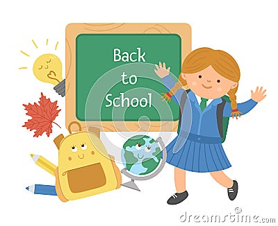 Vector back to school composition with cute schoolgirl, chalkboard, schoolbag, globe, leaf. Funny educational design for banners, Vector Illustration