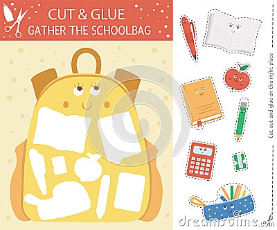 Vector back to school cut and glue activity. Autumn educational crafting game with cute kawaii schoolbag. Fun activity for kids. Vector Illustration
