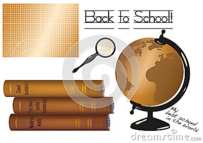 Vector Back to School illustration with cutting mat (or a chalk board), stack of old books, globe and a magnifier glass Vector Illustration