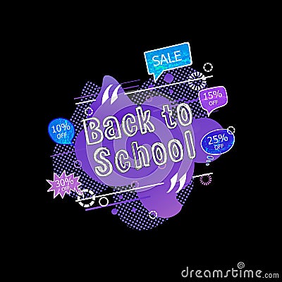 Vector Back to School Sale Tag, Liquid Purple Abstract Shapes Background, Talk Bubbles with Percents Off and Sale Inscription. Vector Illustration