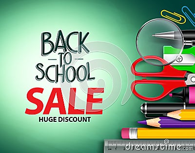 Vector back to school sale text in green background with colorful school items Vector Illustration