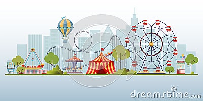 Vector background of amusement park. Urban landscape with carousels, roller coaster and air balloon. Carnival theme Vector Illustration