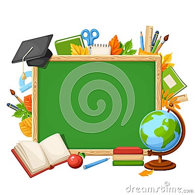 Vector background with chalkboard and school supplies. Vector Illustration