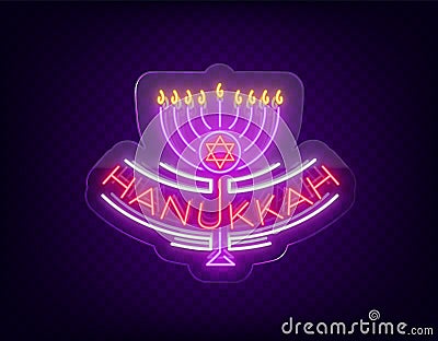 Vector background of Chanukah with menorah and star of David. Neon sign Happy sign of Hanukkah. An elegant greeting card Vector Illustration