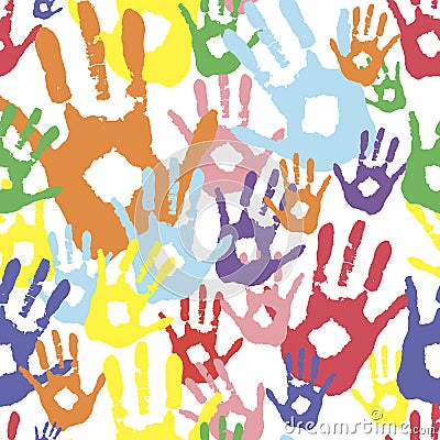 Vector background, color prints of hands symbolizes friendship. colored palms in paint Stock Photo