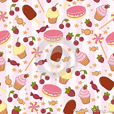 Vector background with cupcakes sweets and berries Vector Illustration