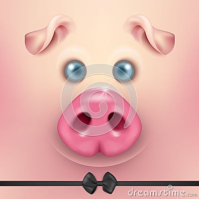 Vector background with 3d funny cartoon pig face with bow tie closeup. Cute farm animal. Illustraration of small piglet Vector Illustration