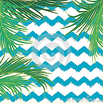 Vector background with decorative topical palm leaves on background of blue waves in zigzag shape. Place for text. Vector Illustration