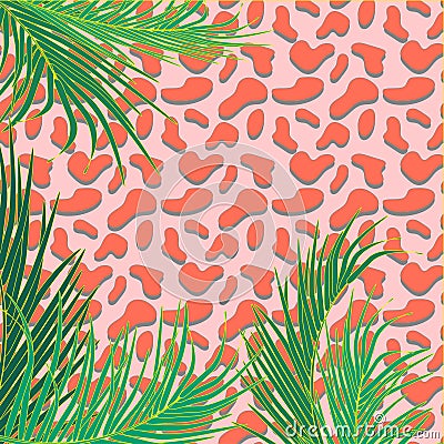 Vector background with decorative topical palm leaves on decorative background of leopard print. Bright and pastel trendy colors. Vector Illustration