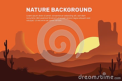 Vector background of the desert, consisting of the sun, sand, mountains and cactus. Vector Illustration