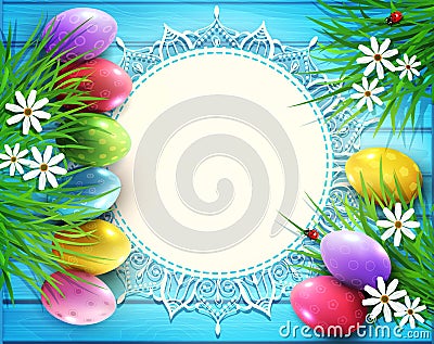 Vector background for Easter. Colored eggs, flowers, daisies, gr Vector Illustration