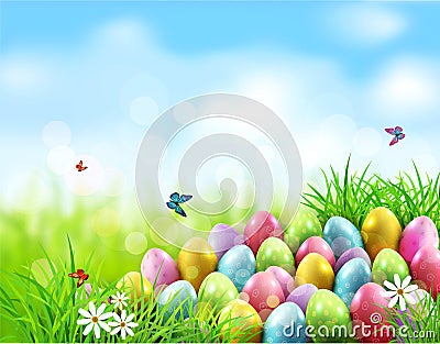 Vector background. Easter eggs in green grass with white flowers Vector Illustration