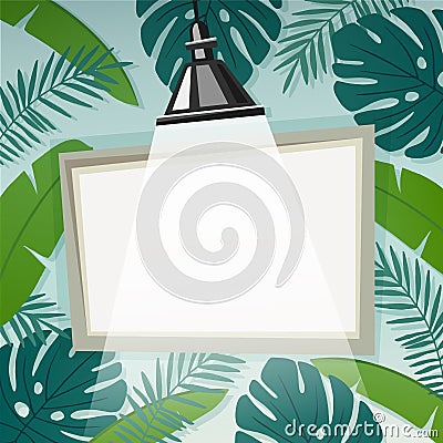 Vector background with empty frame or flip chart illuminated by lamp and tropical palm leaves. Summer concept. Empty Vector Illustration