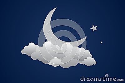 Vector background with evening sky. Moon and stars in the clouds. Vector Illustration