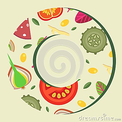 Vector background in the form of a wide ring pizza toppings flat style. Vector Illustration