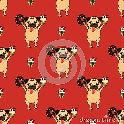 Vector background with funny pug, cupcake and donut. Vector Illustration