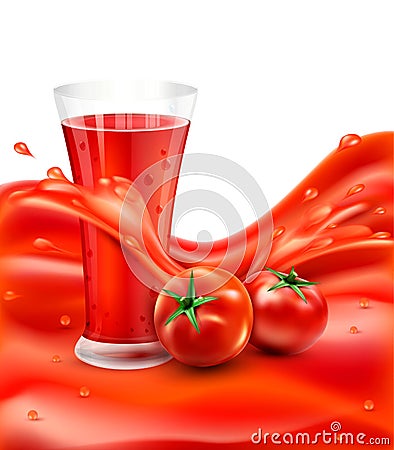 vector background with a glass of tomato juice, tomato. Red juice splash Vector Illustration