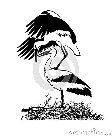 Vector background with a graphic monochrome drawings of pairs of storks in the nest Vector Illustration