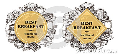 Vector background. Hand drawn breakfast illustration. Sketch. Morning food menu design. Breakfast and brunches dishes Vector Illustration