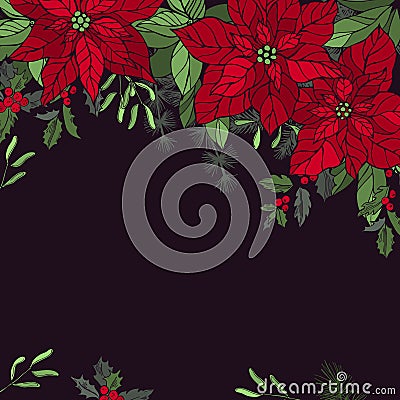 Vector background with red poinsettias and Christmas plants. Sketch illustration Vector Illustration