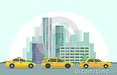 Vector background illustration of modern urban landscape with different buildings and taxi cars Vector Illustration