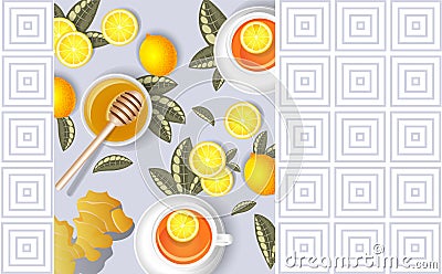 Tea and lemons. The concept of preventive measures against a pandemic and seasonal diseases, a pleasant Vector Illustration