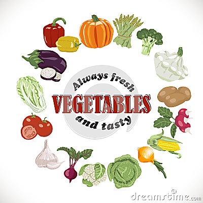 Vector background with isolated vegetables in a circle and an inscription inside Cartoon Illustration