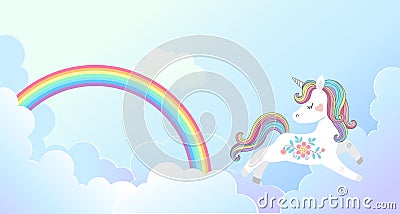 Vector background in for magic design. Cute unicorn jumps on fluffy cloud and bright rainbow in the blue sky Vector Illustration