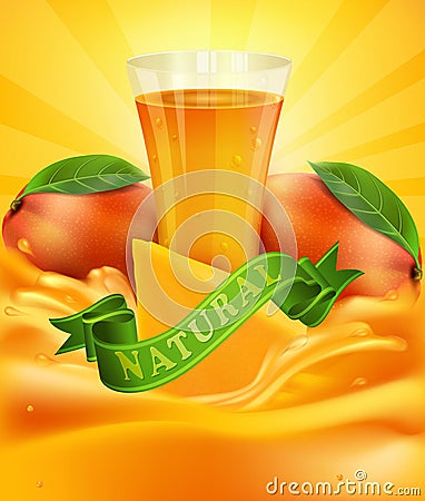 Vector background with mango, a glass of juice, slices of mango Vector Illustration