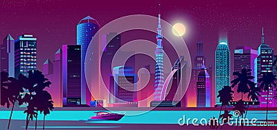 Vector night city on river with boat Vector Illustration