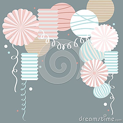 Vector background with paper Pom Poms, lanterns Vector Illustration